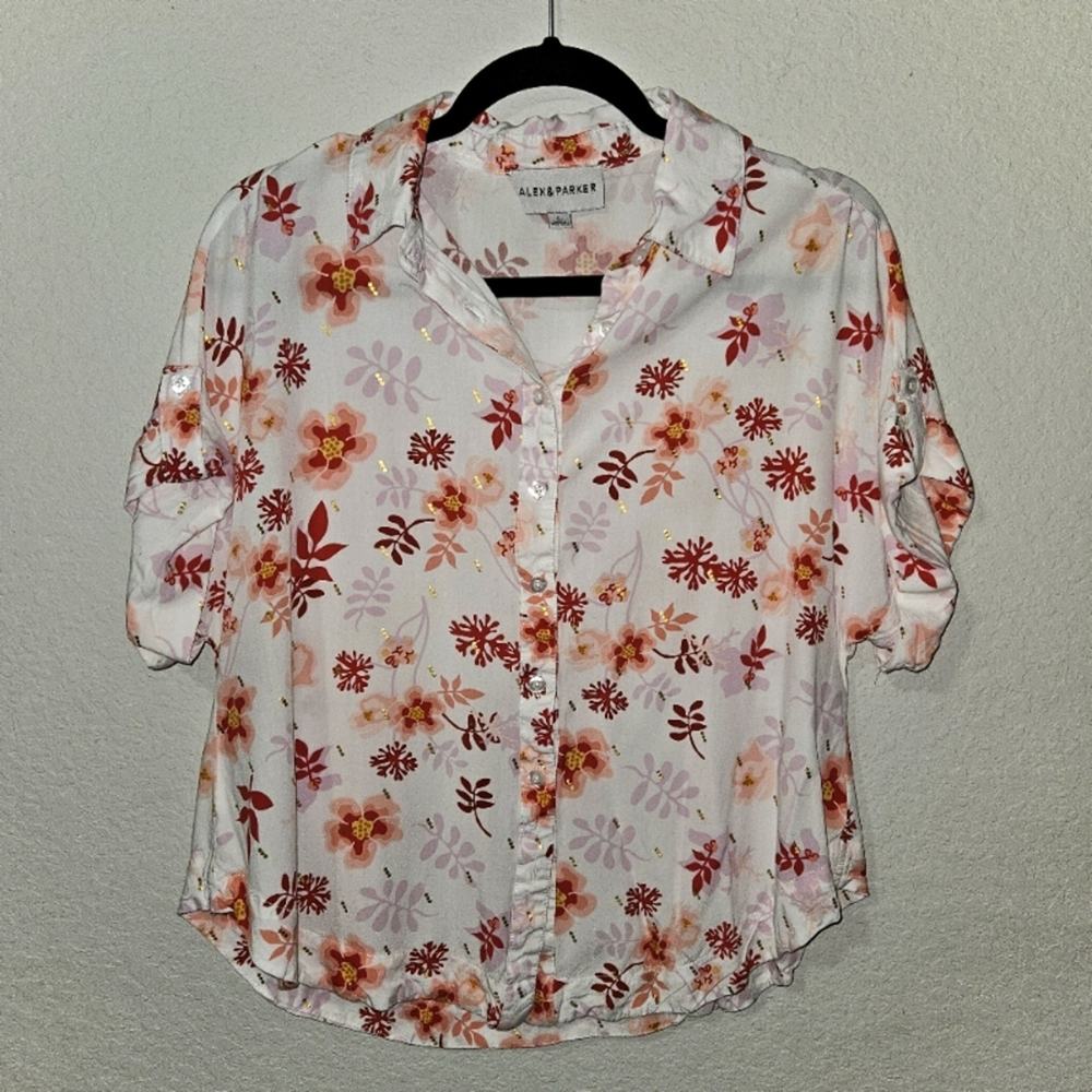 ALEX & PARKER SIZE LARGE FLORAL PRINT MULTI COLOR SHORT SLEEVE BUTTON UP BLOUSE